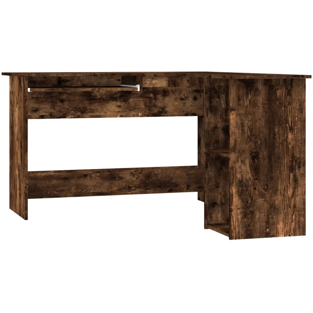 vidaXL 2 Shelf L-Shaped Corner Computer Desk with Keyboard Tray Smoked Oak Image 2