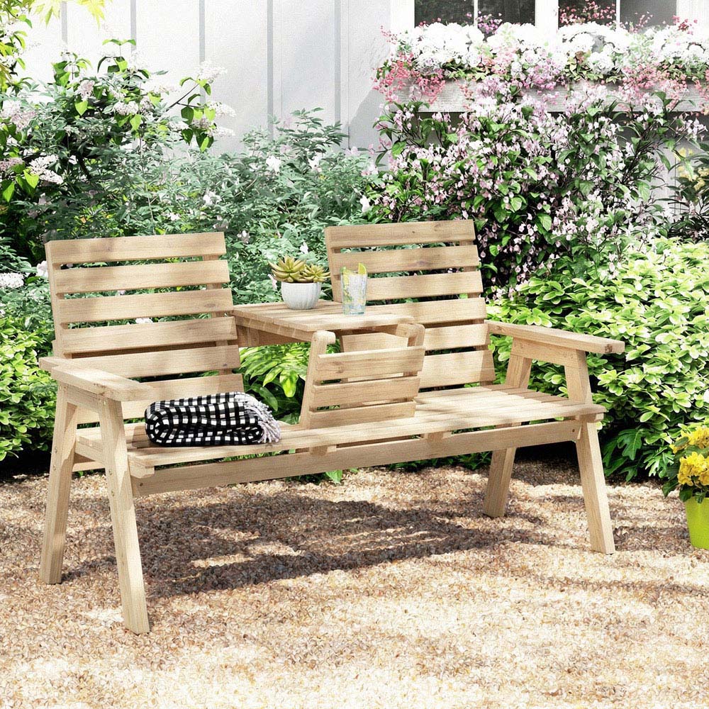 Outsunny 3 Seater Natural Wooden Convertible Garden Bench with Centre Table Image 7