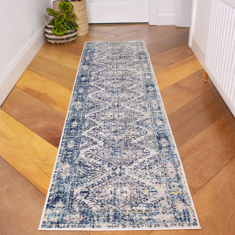 Kukoon Navy Blue and Grey Bordered Geometric Distressed Rug 240 x 60cm Image 2