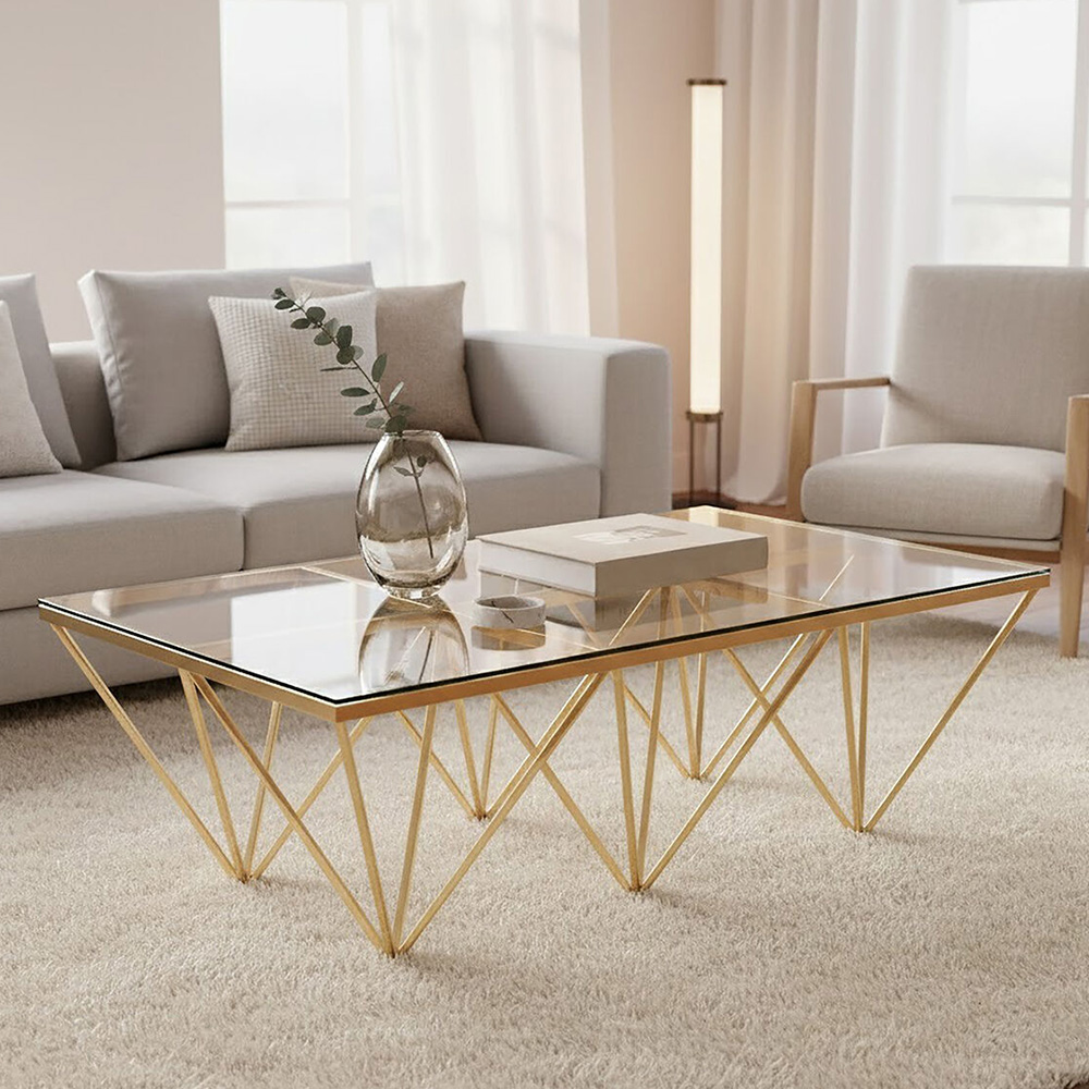 Premier Housewares Gold Finish Glass Top Coffee Table with Spike Legs Image 1
