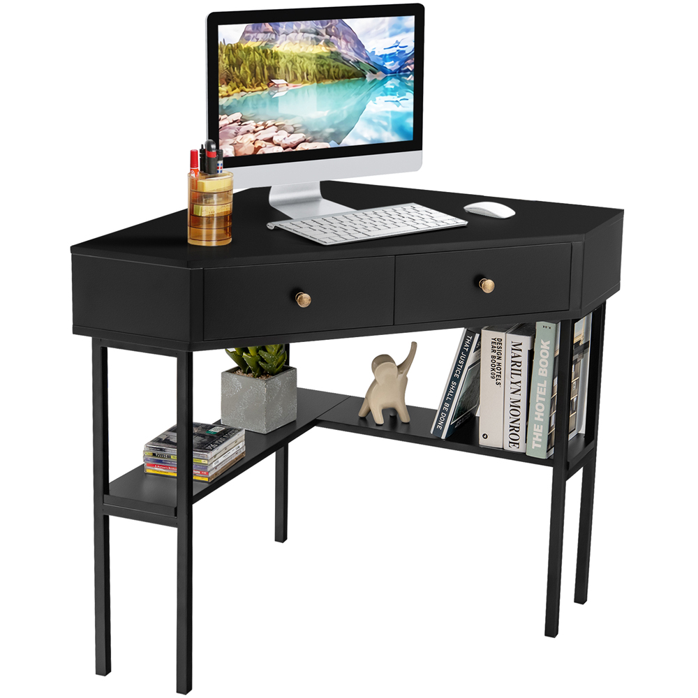 Costway 2 Drawer Single Shelf Triangular Corner Computer Desk Black Image 3