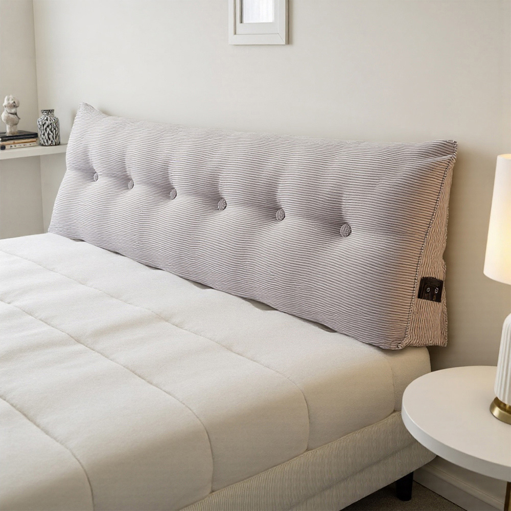 Living and Home Light Grey Corduroy Wedge Headboard Pillow with Side Pocket 180 x 50cm Image 2