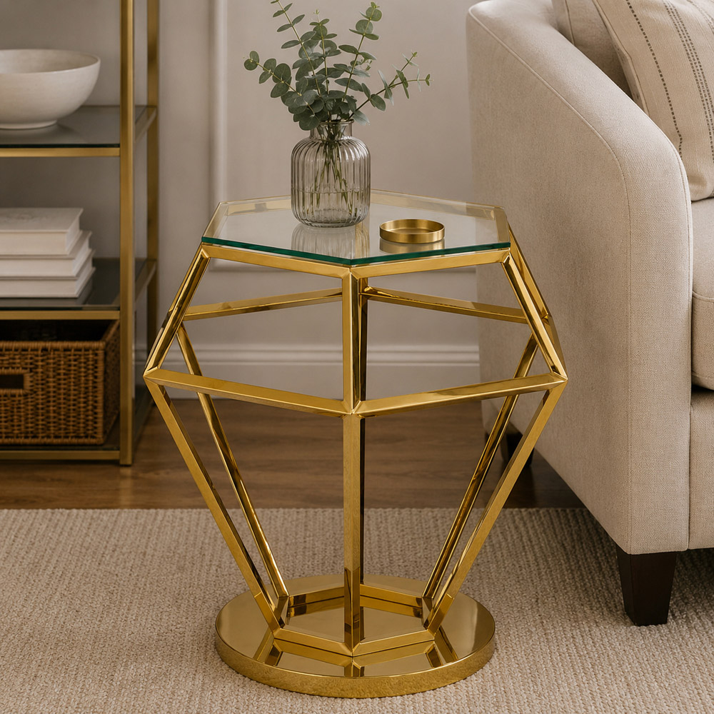 Premier Housewares Allure Gold Finish Diamond Small End Table with Glass Top Image 3