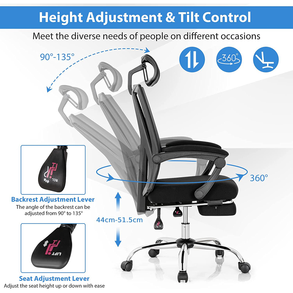 Costway Ergonomic Recliner Mesh Office Chair with Retractable Footrest Image 8