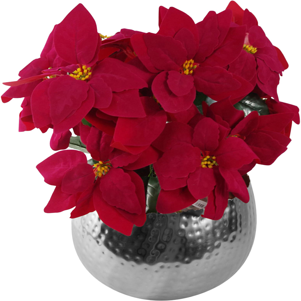 Leaf Christmas Poinsettias Artificial Plant in Silver Curved Metal Planter 40cm Image 1