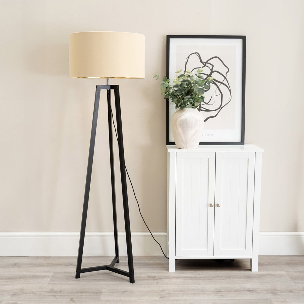 ValueLights Lottie Beige and Gold Drum Shade Black Wood Tripod LED Floor Lamp Image 3