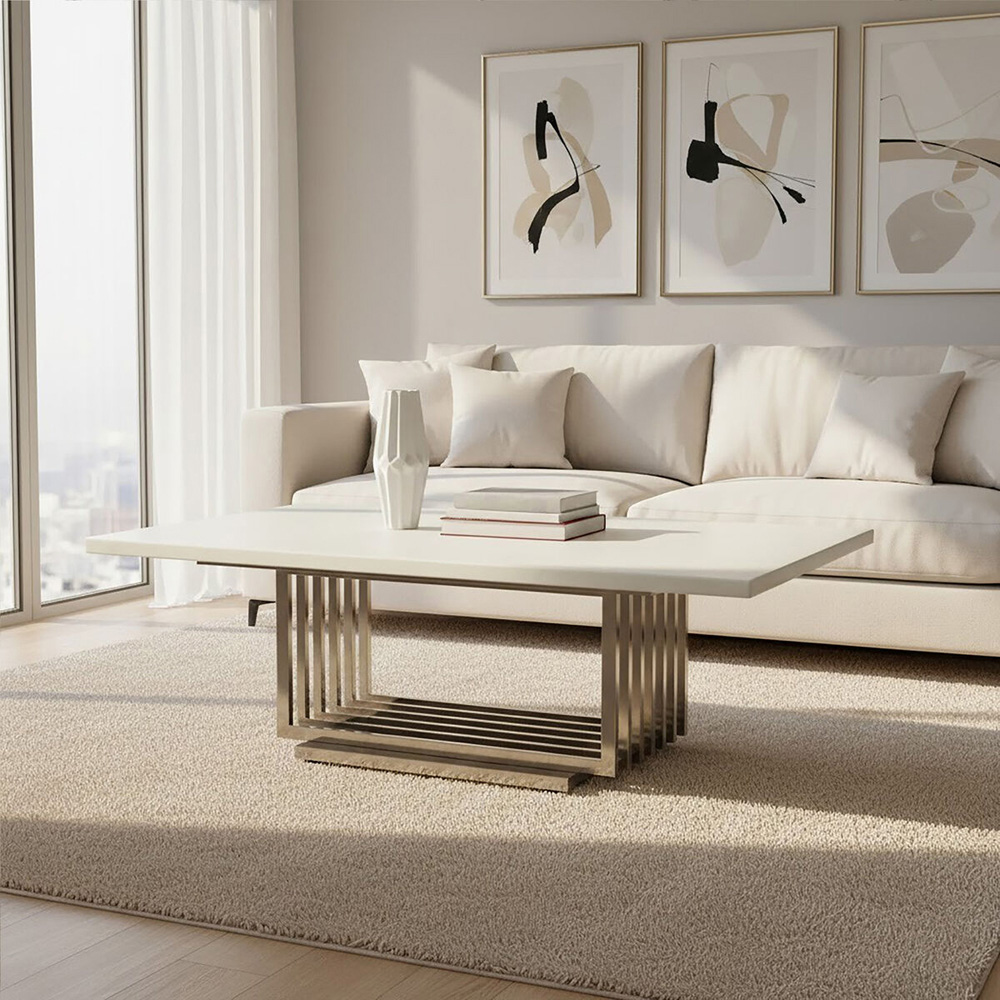 Premier Housewares White Marble Top Coffee Table with Silver Frame Image 2