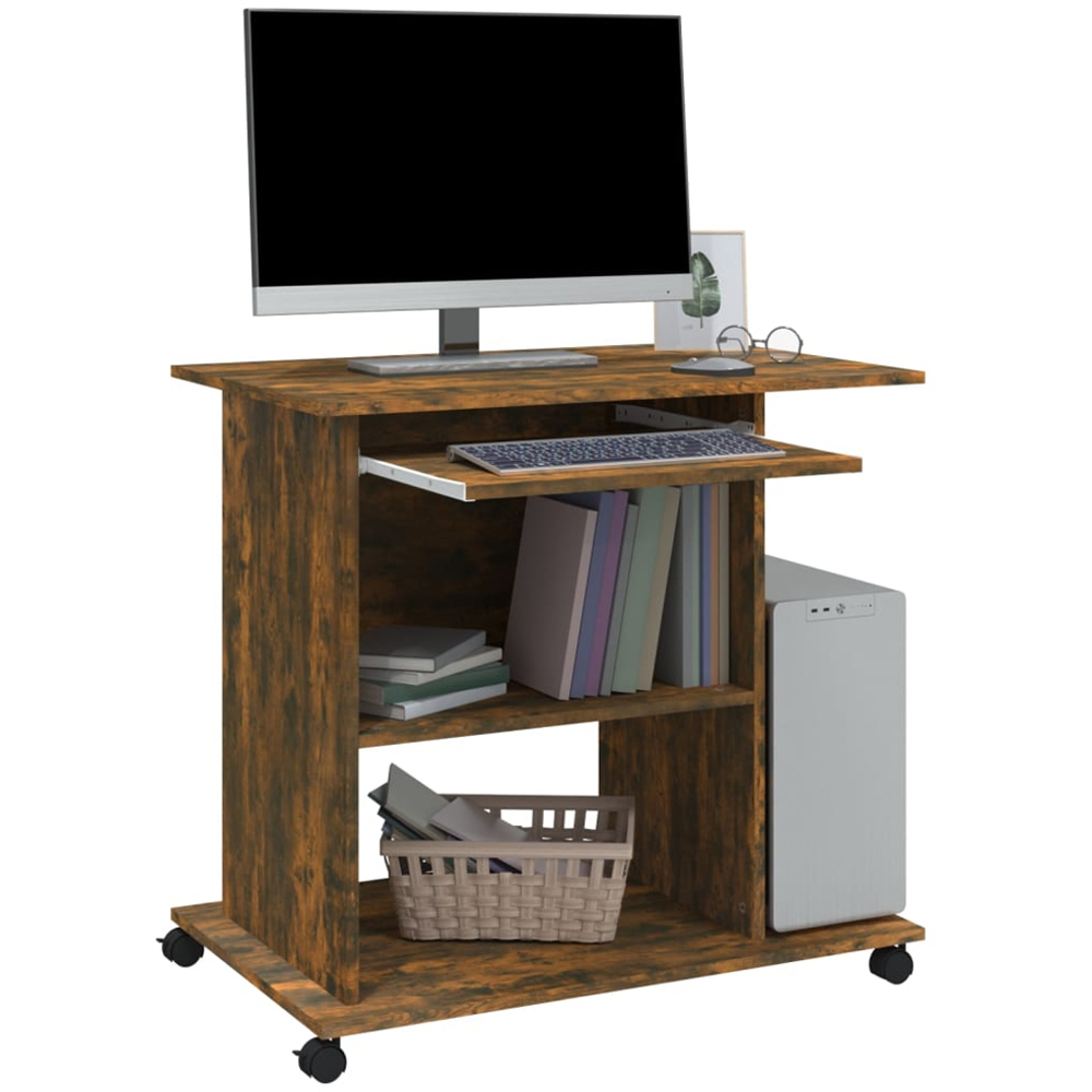 vidaXL 3 Shelf Movable Computer Desk with Keyboard Tray Smoked Oak Image 4