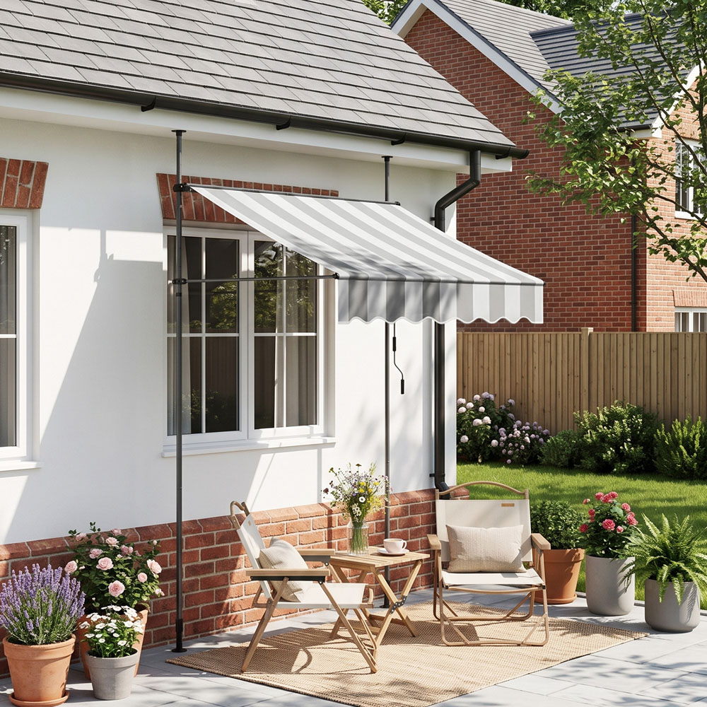Living and Home Grey and White Wavy Valance Retractable Height Adjustable Awning 1.5m Image 3
