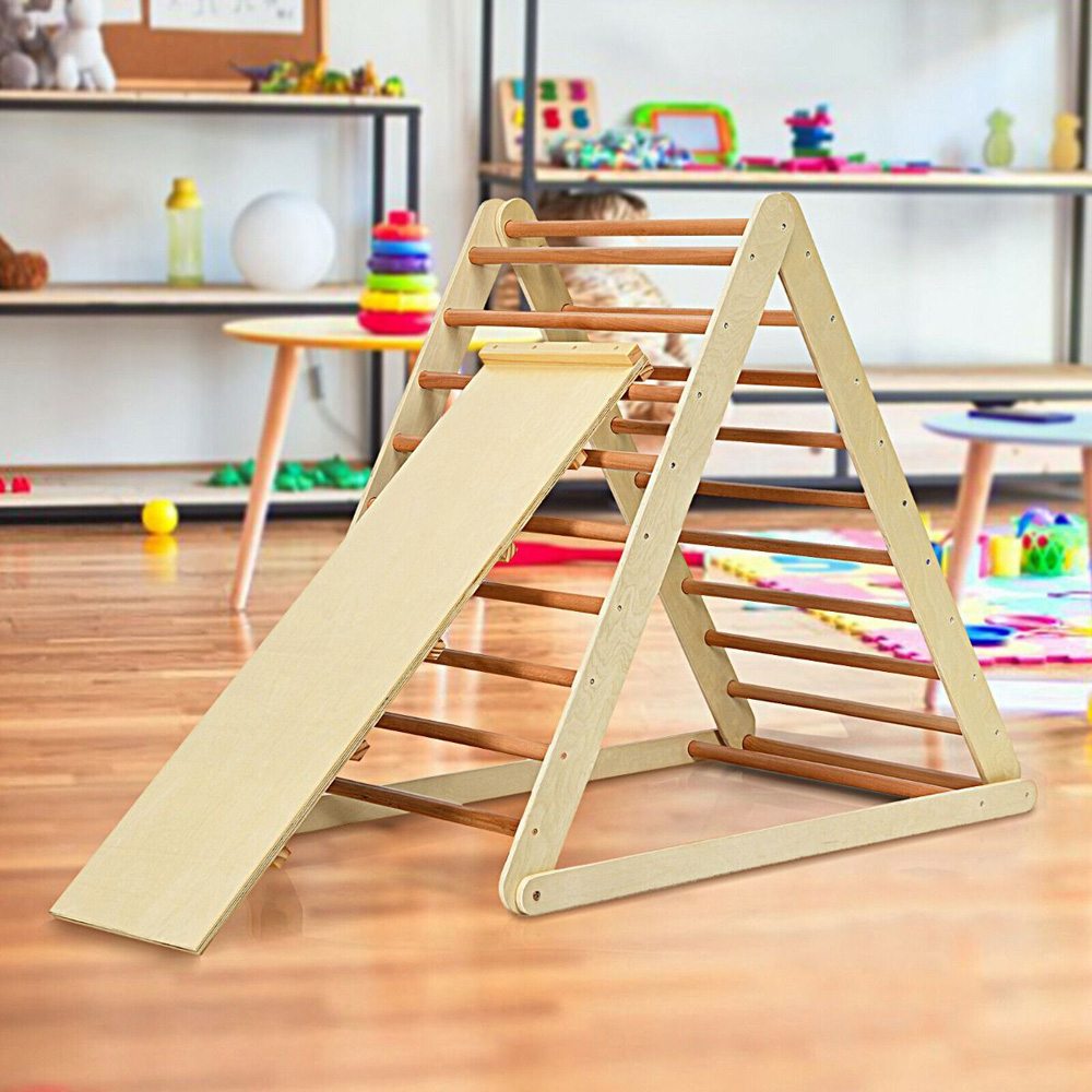 Costway Natural Wooden Climbing Ladder with Ramp Image 2
