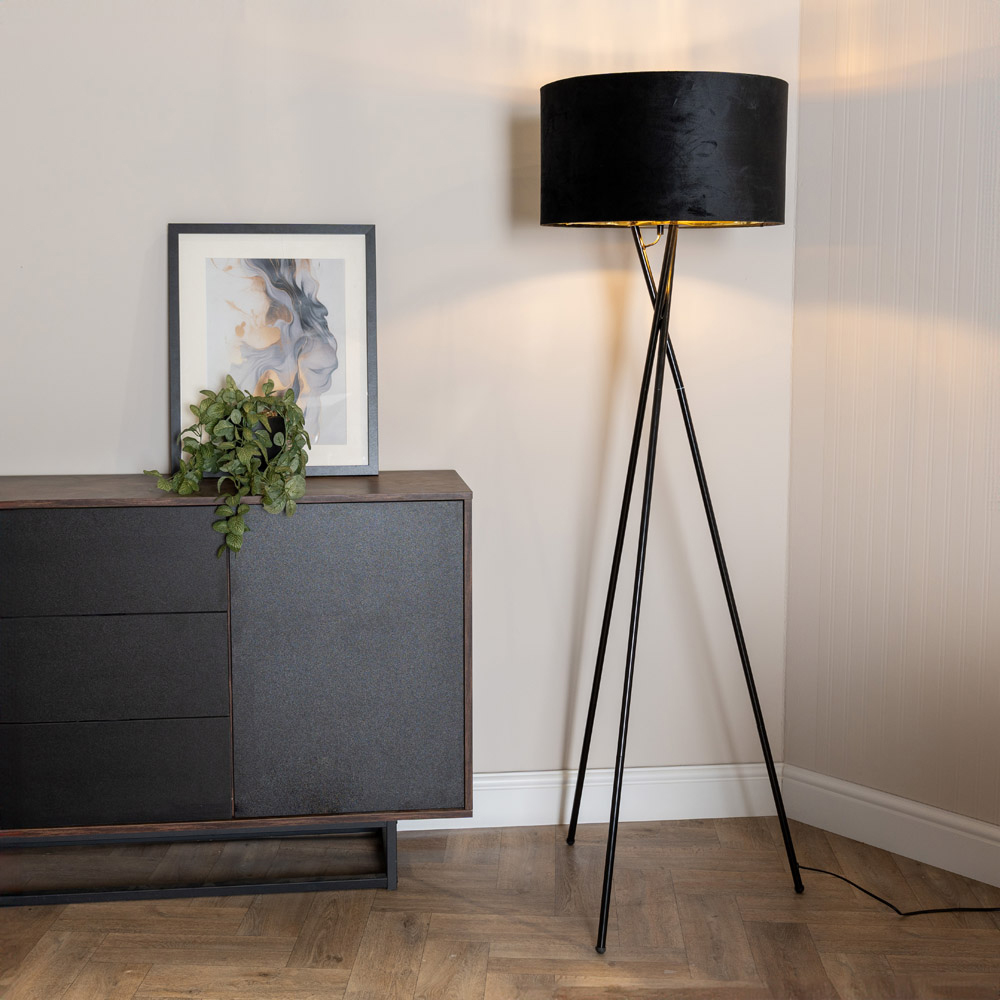 ValueLights Camden Gloss Black Tripod LED Floor Lamp with Black and Metallic Gold Velvet Lamp Shade Image 3