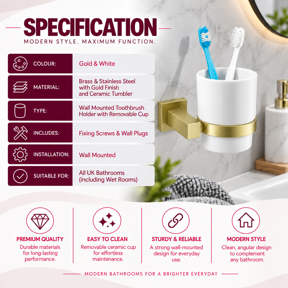Go Bathrooms Froma Brushed Gold Wall Mounted Ceramic Tumbler with Holder Image 5