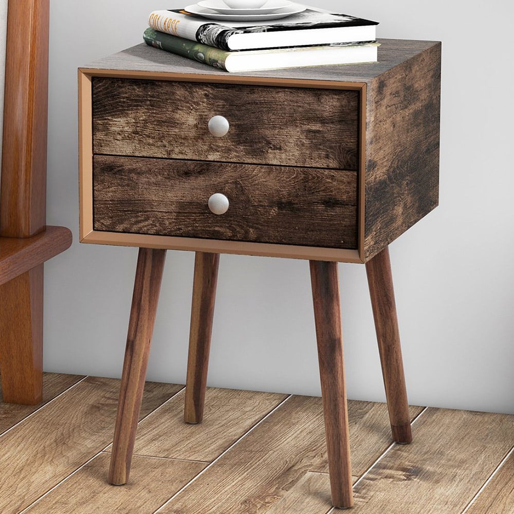 Costway 2 Drawer Rustic Brown Rubber Wood Legs Bedside Table with USB Port Image 1
