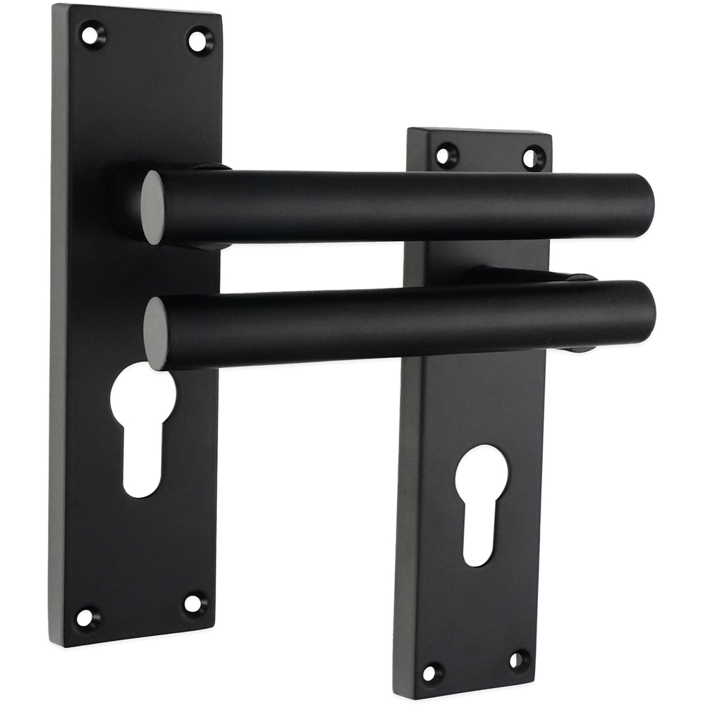 Spira Brass Jura Matt Black Lever on Backplate Door Handle with Euro Keyhole 2 Pack Image 1