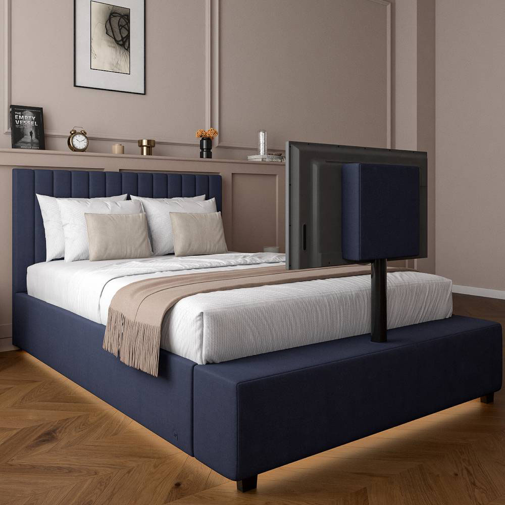 XR Living Maisie King Navy Blue Velvet Ottoman TV Bed with LED Under Frame Image 2