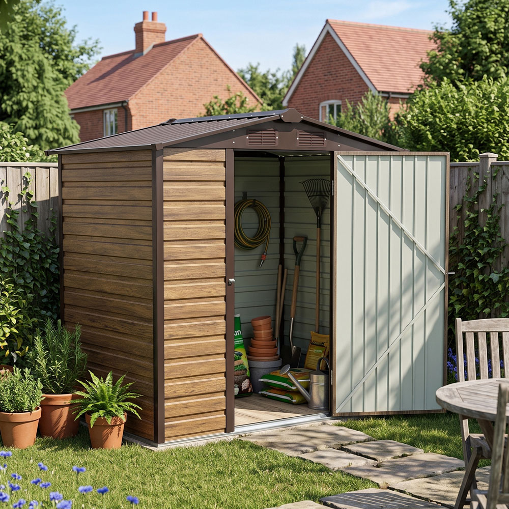 Living and Home 4 x 6ft Brown Wood Grain Metal Apex Garden Storage Shed Image 7