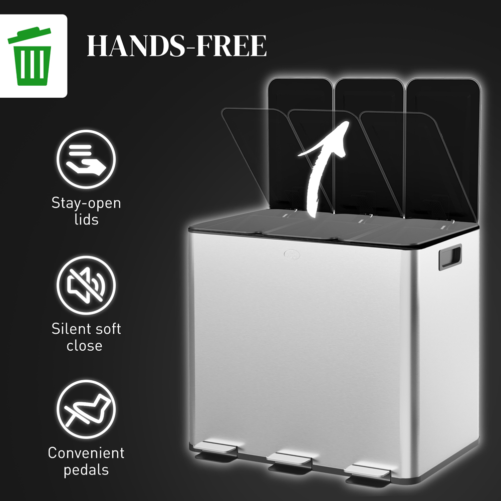 HOMCOM Silver Tone Triple Bin Kitchen Pedal Bin 45L Image 6
