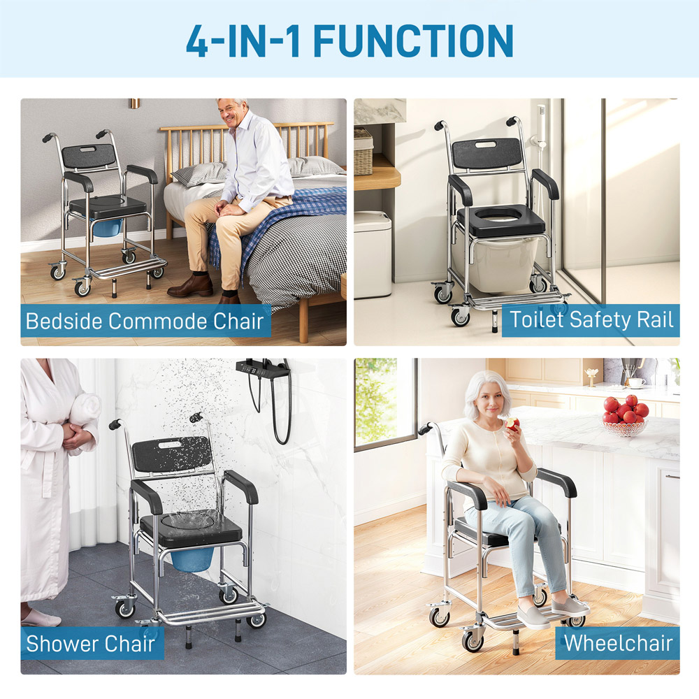 HOMCOM Black Transport Beside Shower Chair with Wheels and Padded Seat Image 7