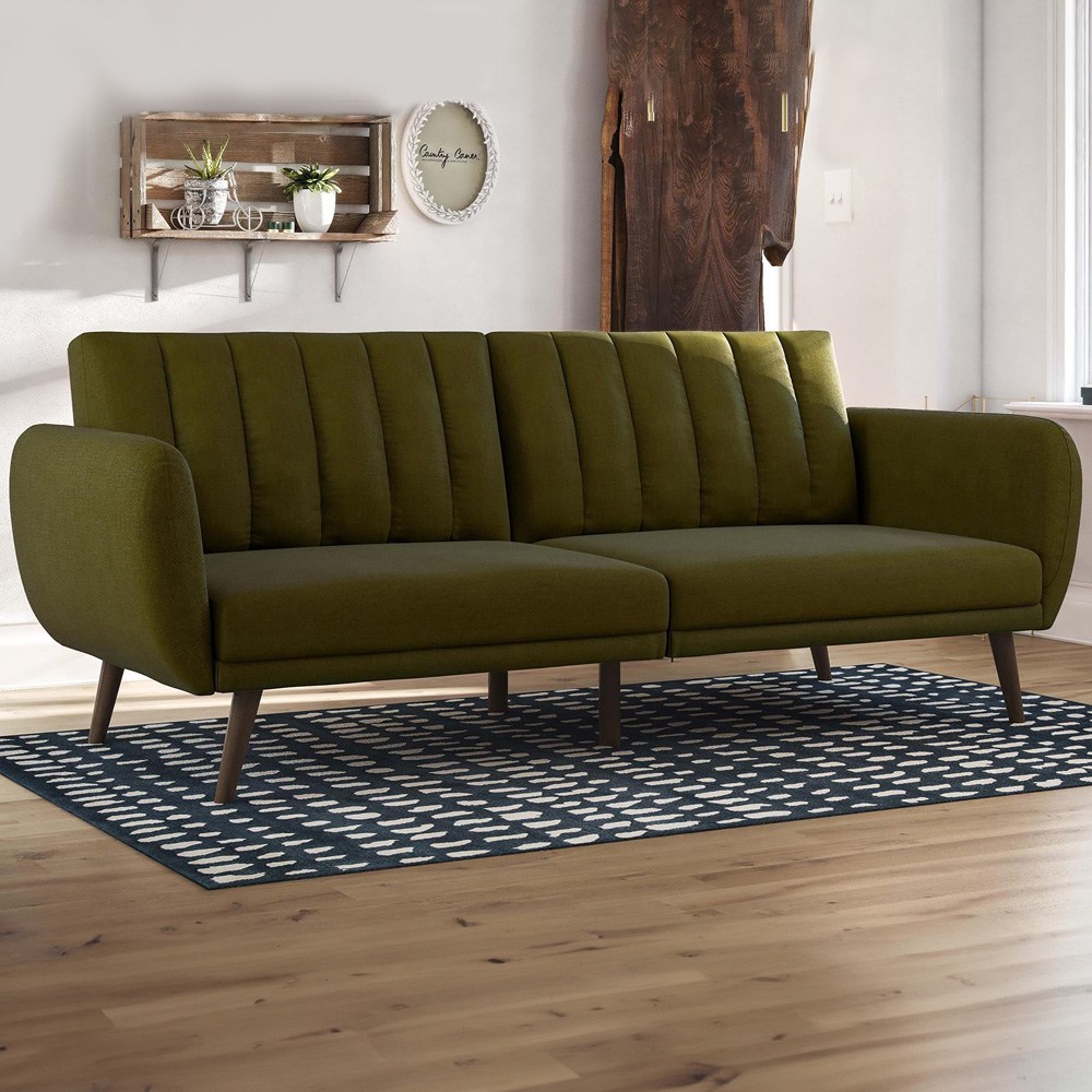 Novogratz Brittany 3 Seater Green Linen Sofa Bed with Wooden Legs Image 1