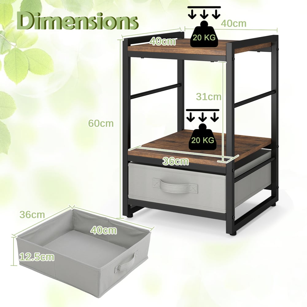 Costway Single Drawer 2 Shelf Rustic Brown Wooden Nightstand with Fabric Drawer Image 9