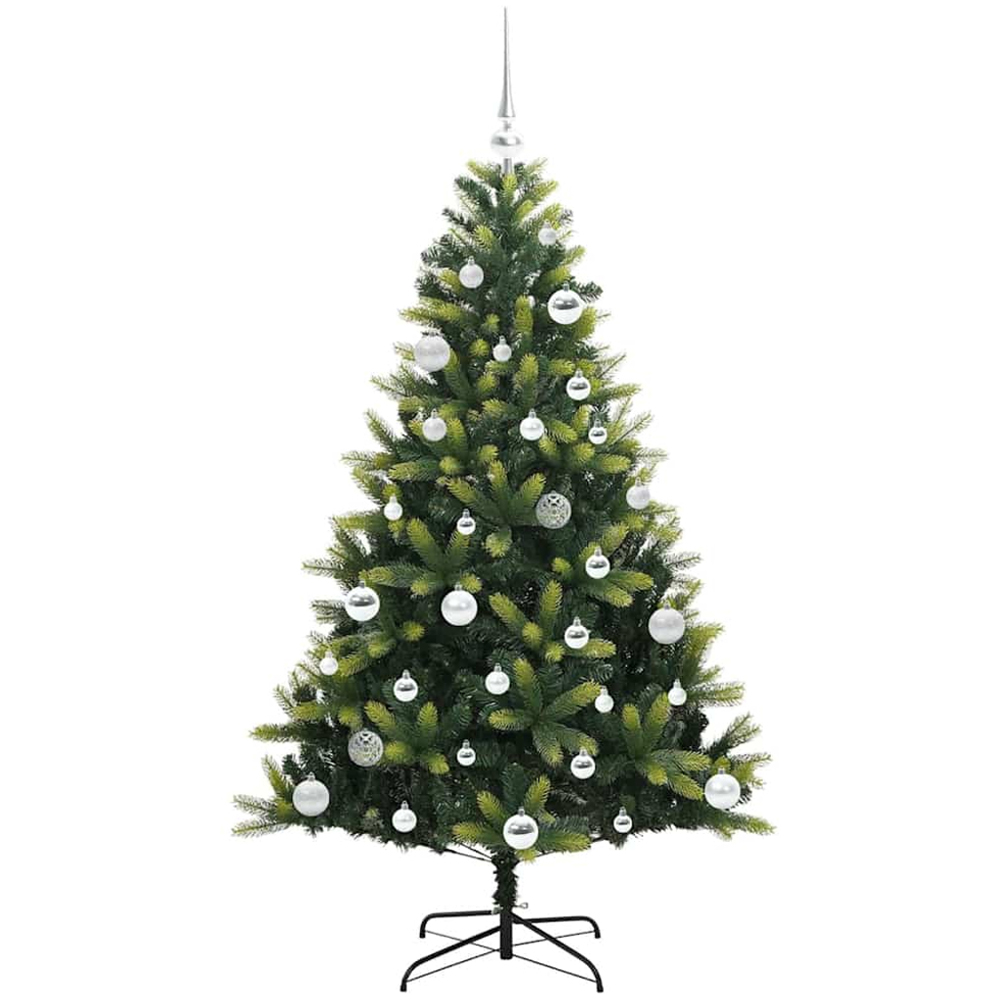 vidaXL Pre-Lit Silver Baubles Green Artificial Hinged Christmas Tree 5ft Image 4