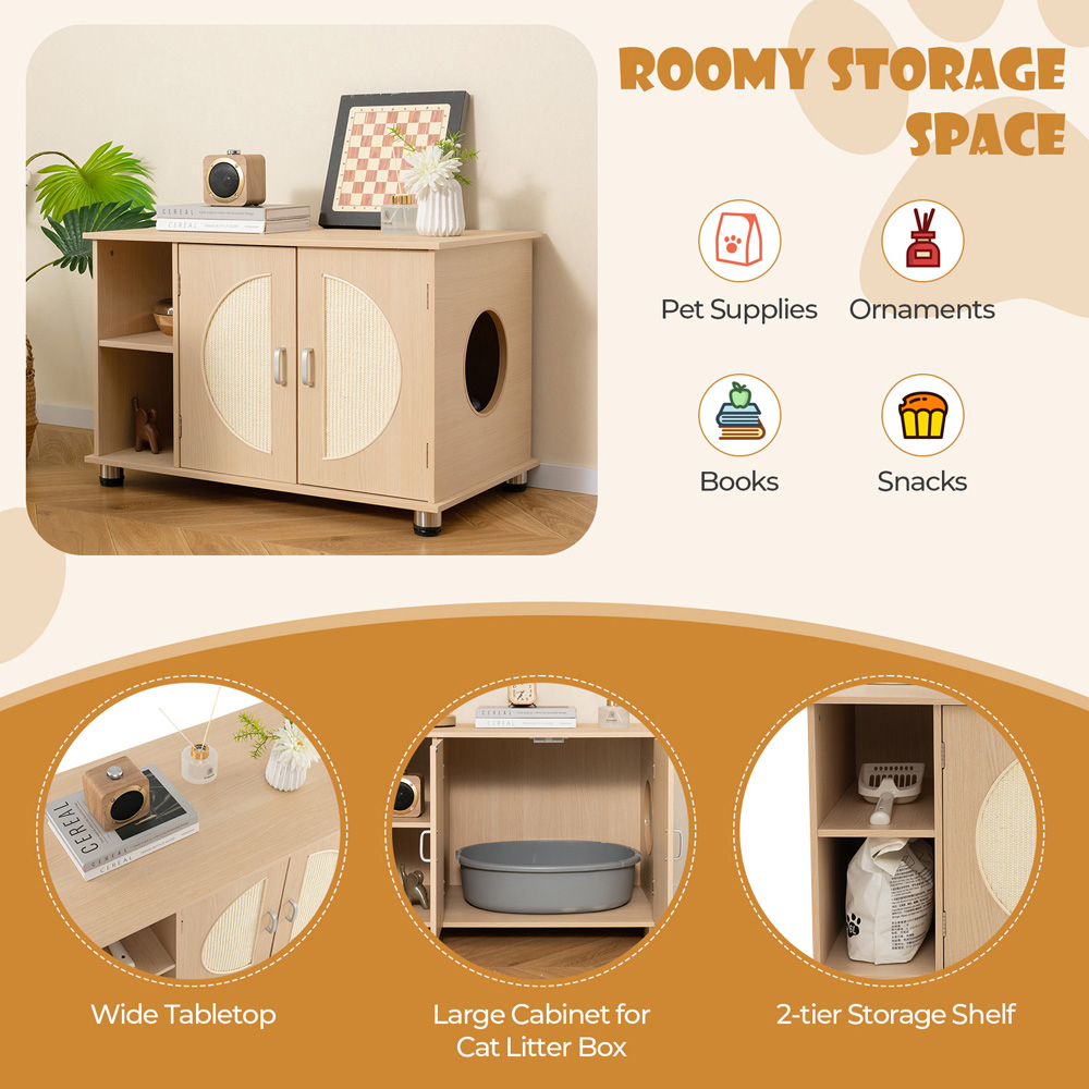 Costway Natural Cat Litter Box Enclosure with Sisal Scratching Doors Image 4