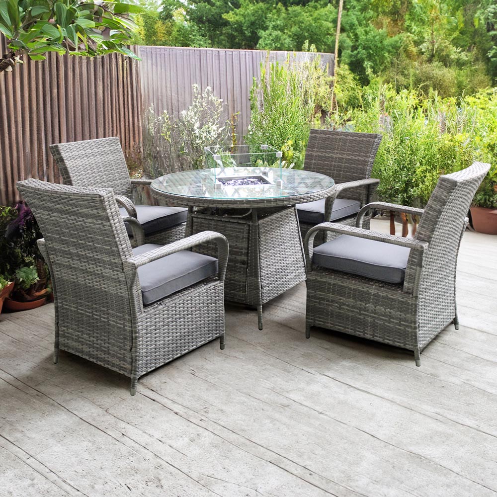 Oseasons Windsor 4 Seater Rattan Dining Set with Firepit Mixed Grey  Image 1
