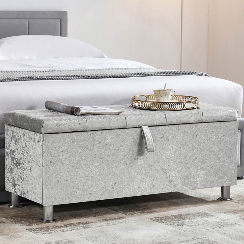 Vida Designs Valencia Silver Crushed Velvet Storage Ottoman Image 1