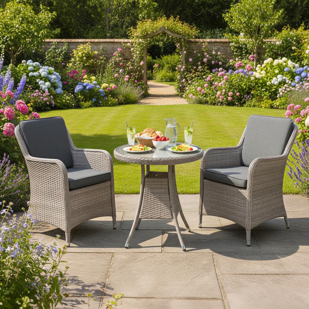 Oseasons Hampton 2 Seater Dove Grey and Dark Grey Rattan Bistro Set with Cushions Image 1