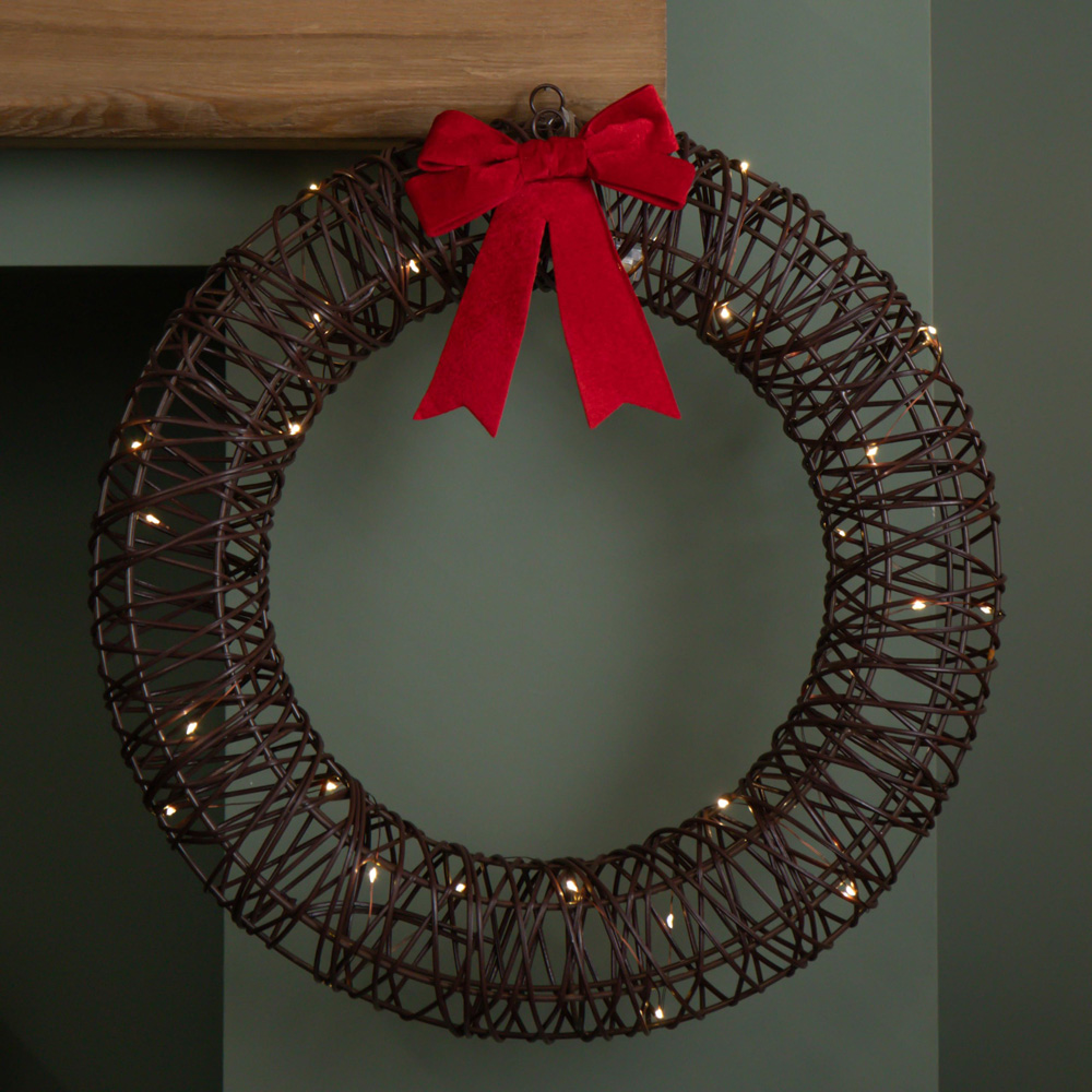 Samuel Alexander 40 Warm White LED Battery Operated Light Up Christmas Wreath with Red Bow 50cm Image 2