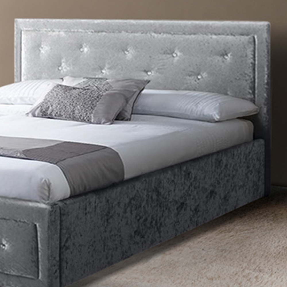 Brooklyn King Size Silver Crushed Velvet Fabric Diamante Ottoman Bed Image 2