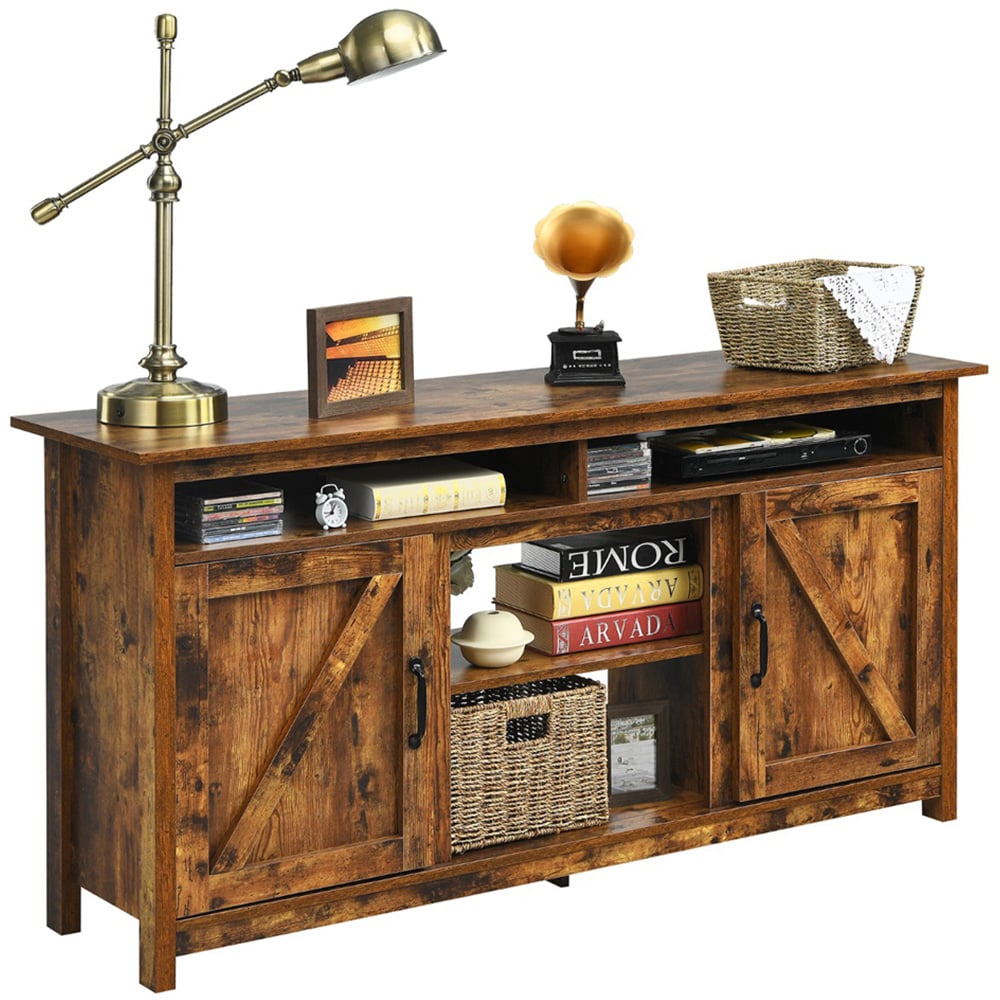 Costway Wooden TV Cabinet with Barn Doors and Open Shelf Image 5