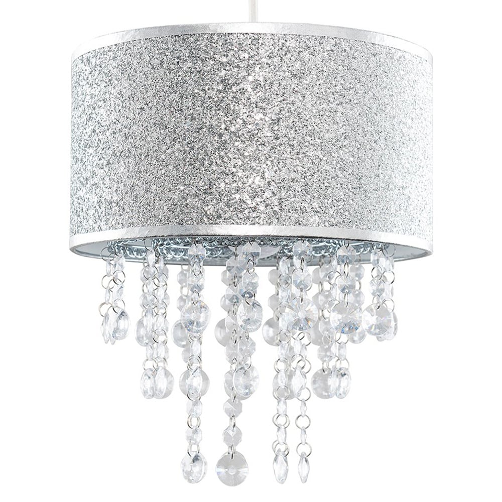 ValueLights Bonita Silver Glitter Clear Acrylic Droplets Drum Lamp Shade Image 1