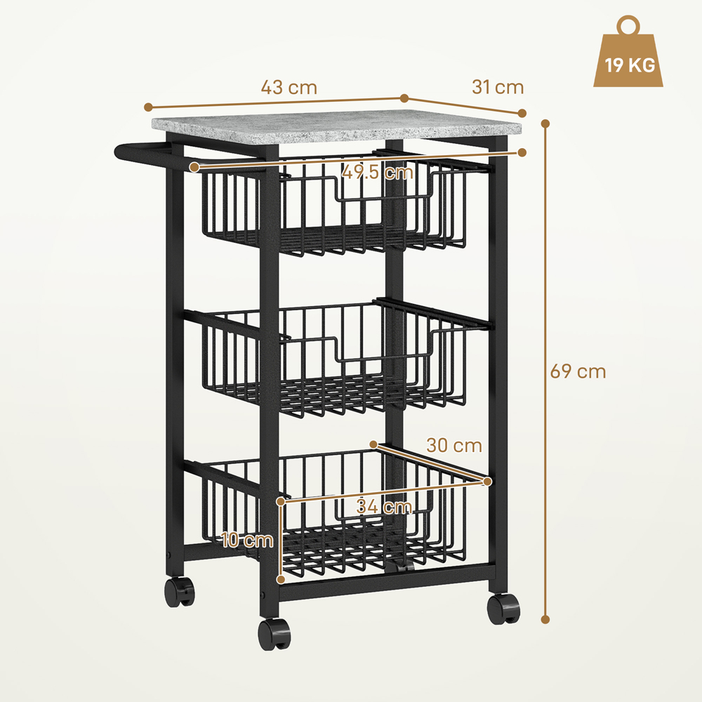 HOMCOM 3 Tier Light Grey Kitchen Island on Wheels Image 9
