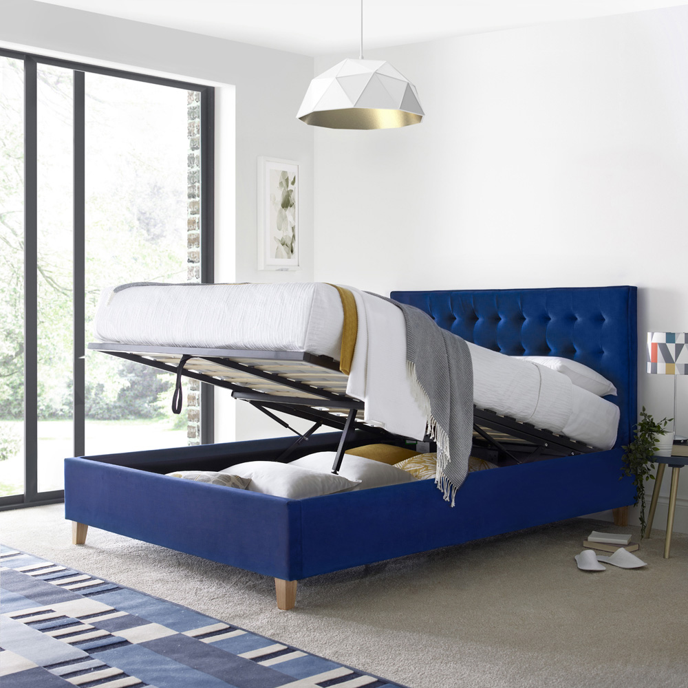 Kingham Double Blue Velvet Ottoman Bed Image 2