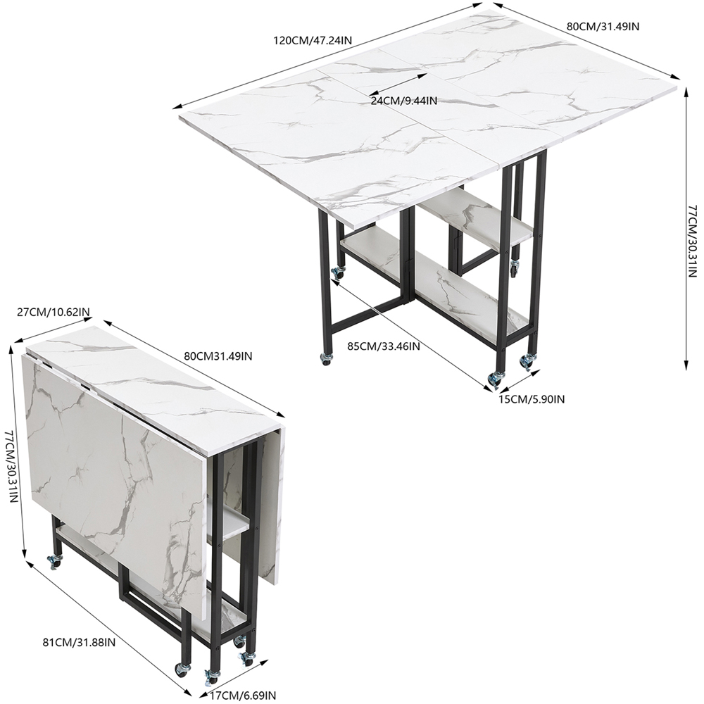 Living and Home 6 Seater Black and White Marble Effect Folding Dining Table with Shelf Image 9