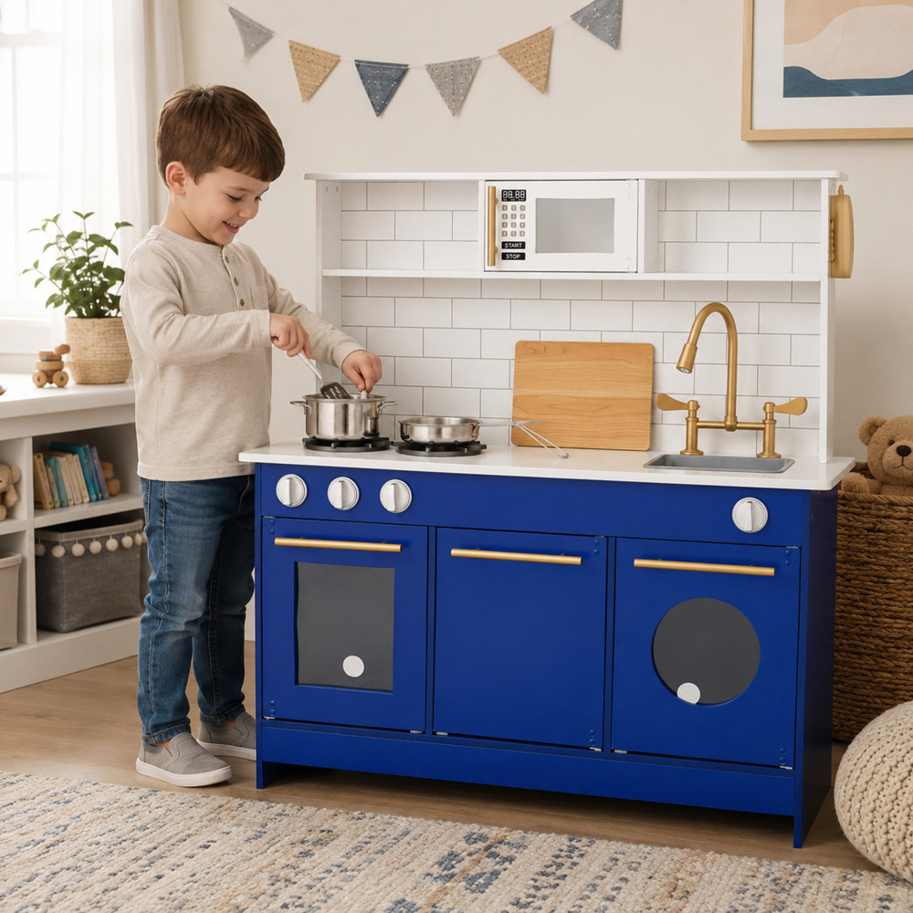 Teamson Kids Little Chef Berlin Blue and White Modern Play Kitchen Set with Gold Hardware Image 4