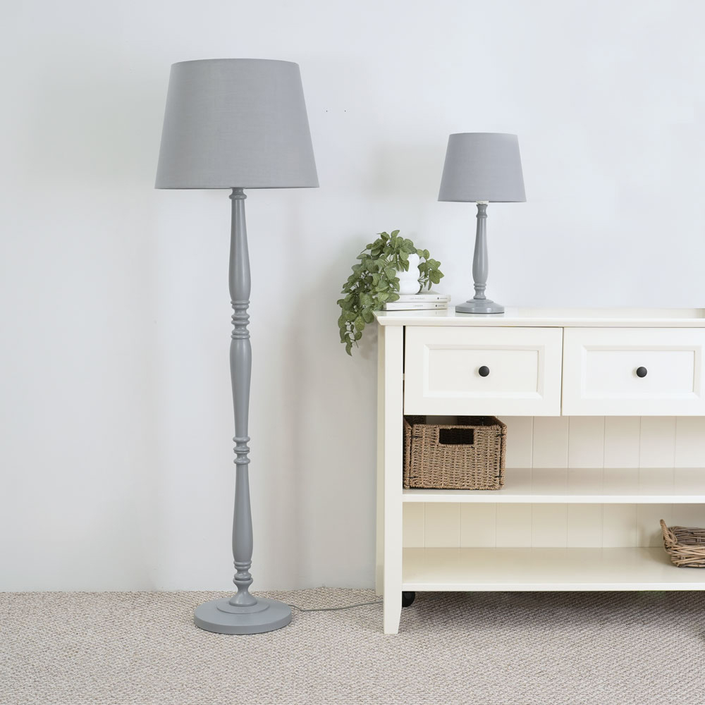 ValueLights Victoria Grey Fabric Tapered Shade Grey Wood Traditional Stem LED Floor Lamp Image 5