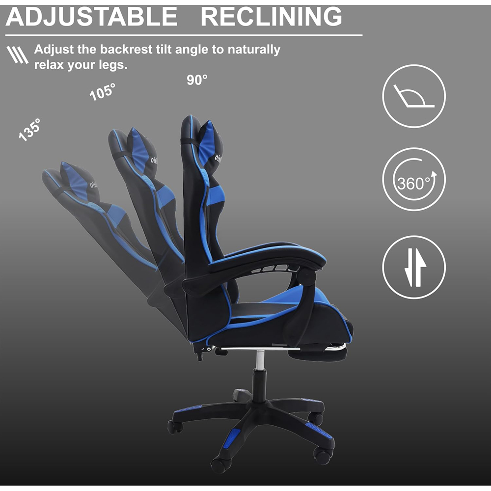 Alivio Black and Blue Ergonomic Swivel Gaming Chair with Footrest and Lumbar Support Image 6