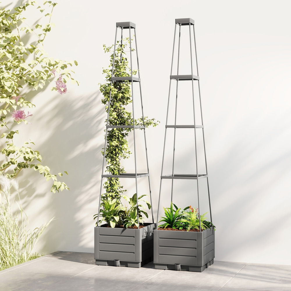 Outsunny Grey Raised Garden Bed with Trellis and Removable Drainage Tray 12L 2 Pack Image 2