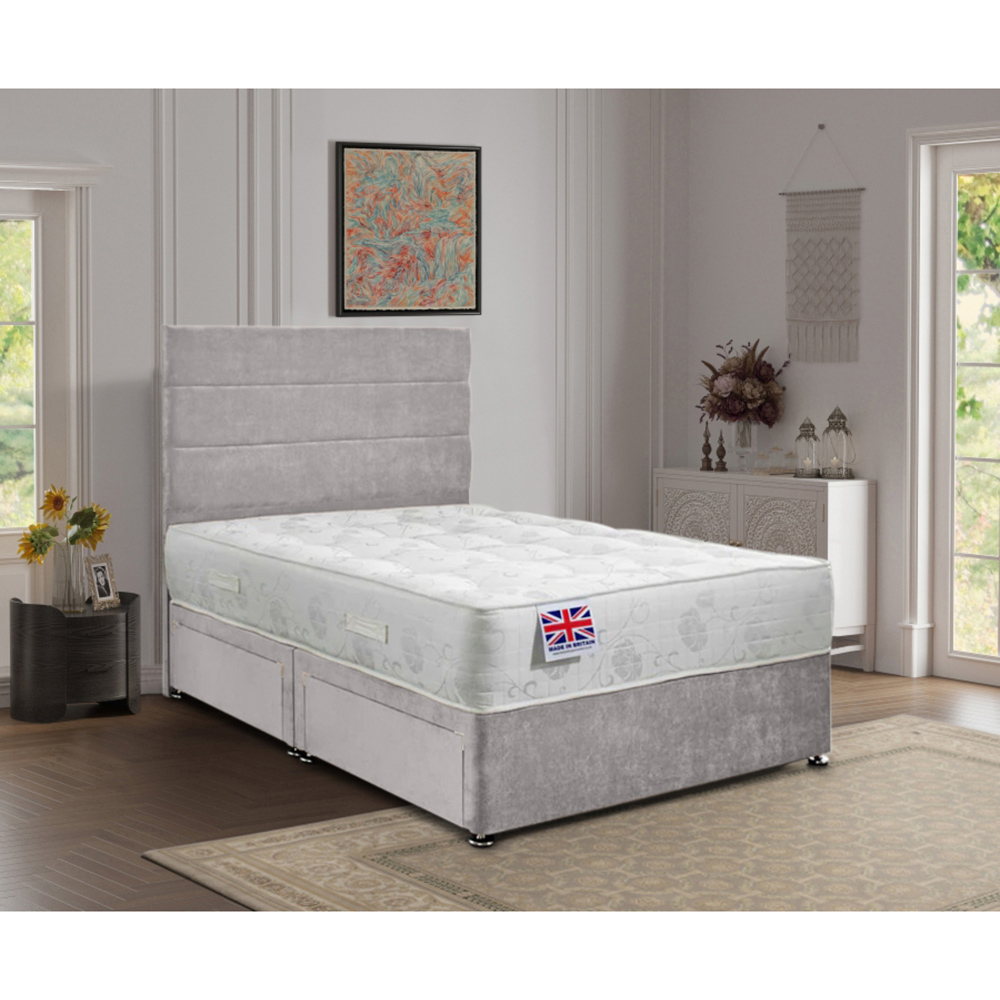 Eleganza Home Repose Super King Size Silver Plush Velvet 2 Drawer Divan Bed with Lined Headboard Image 2