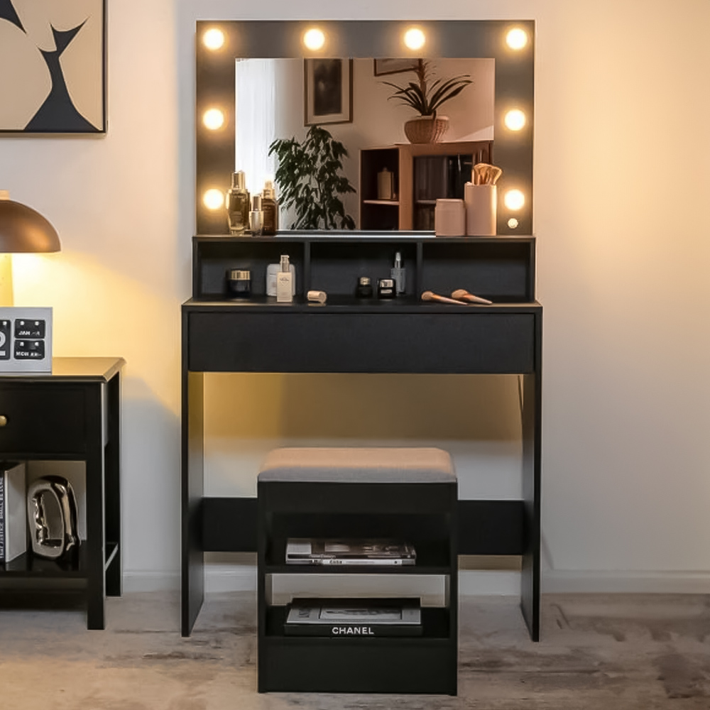 Costway Single Drawer 3 Shelf Black Dressing Table Set with LED Mirror Image 1