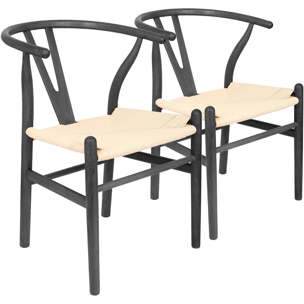 Nicholas Winter Set of 2 Black and Natural Woven Rope Beech Wooden Wishbone Dining Chair Image 2