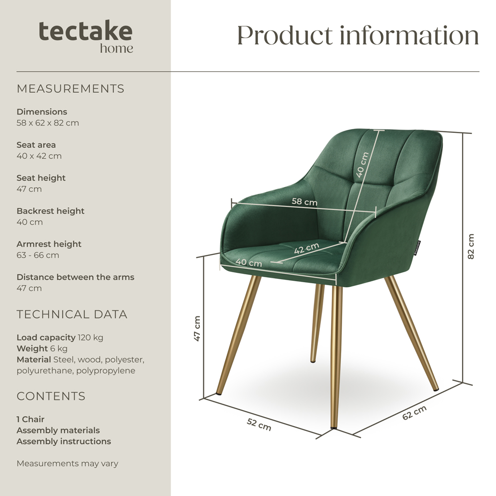 tectake Marilyn Dark Green and Gold Quilted Velvet Chair Image 9