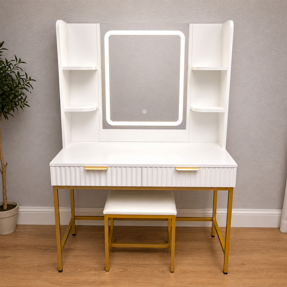 Kosy Koala Annabelle 2 Drawer 4 Shelf White and Gold Dressing Table Set with LED Mirror Image 7