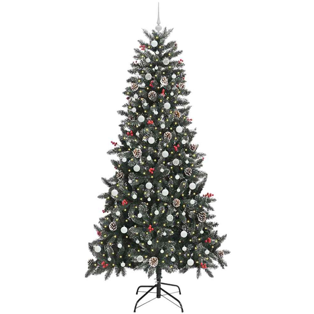 vidaXL Pre-Lit White Baubles and Pinecones Green Artificial Snow Tipped Christmas Tree 8ft Image 1