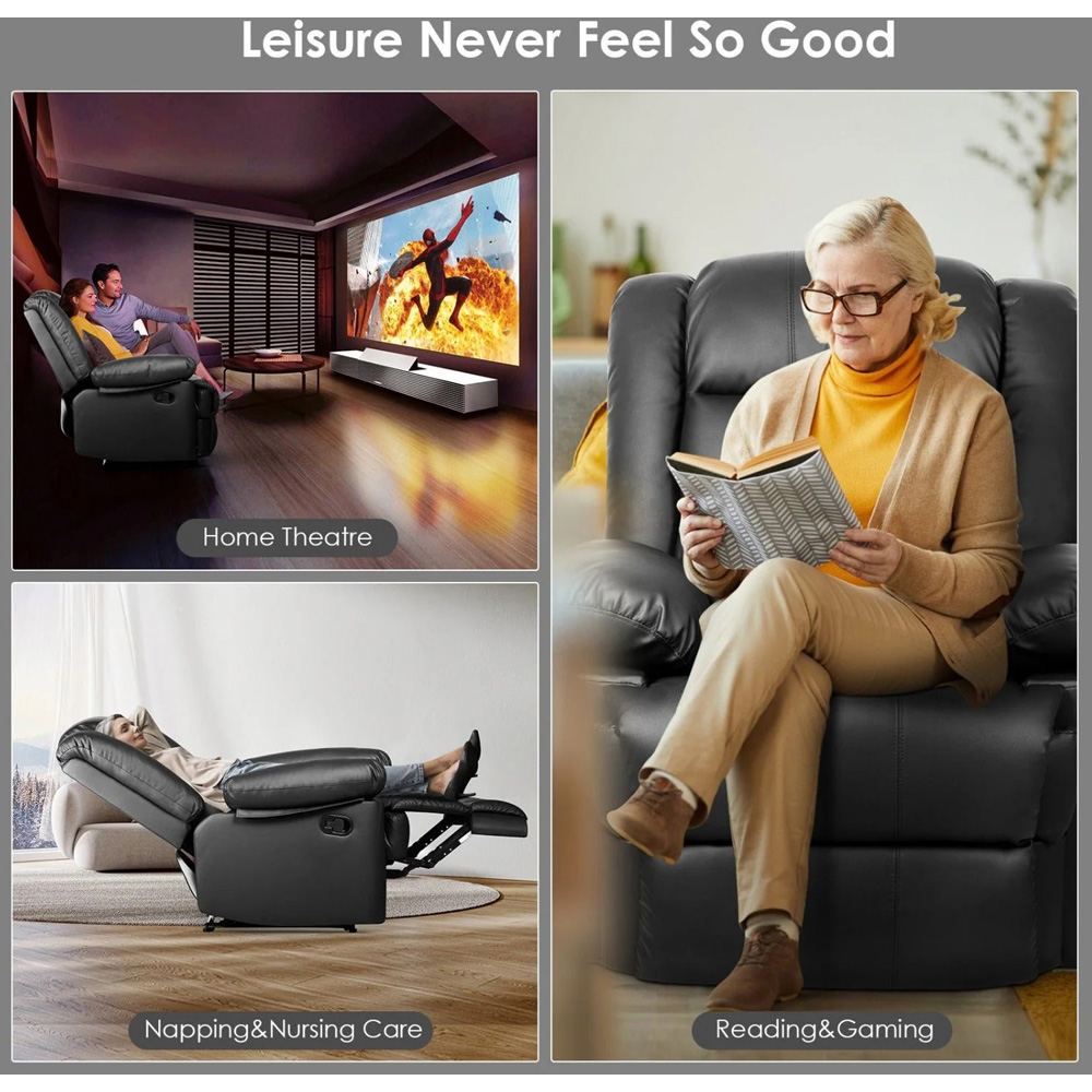 Rattrix Black PU Leather Manual Reclining Chair with Padded Backrest and Retractable Footrest Image 7