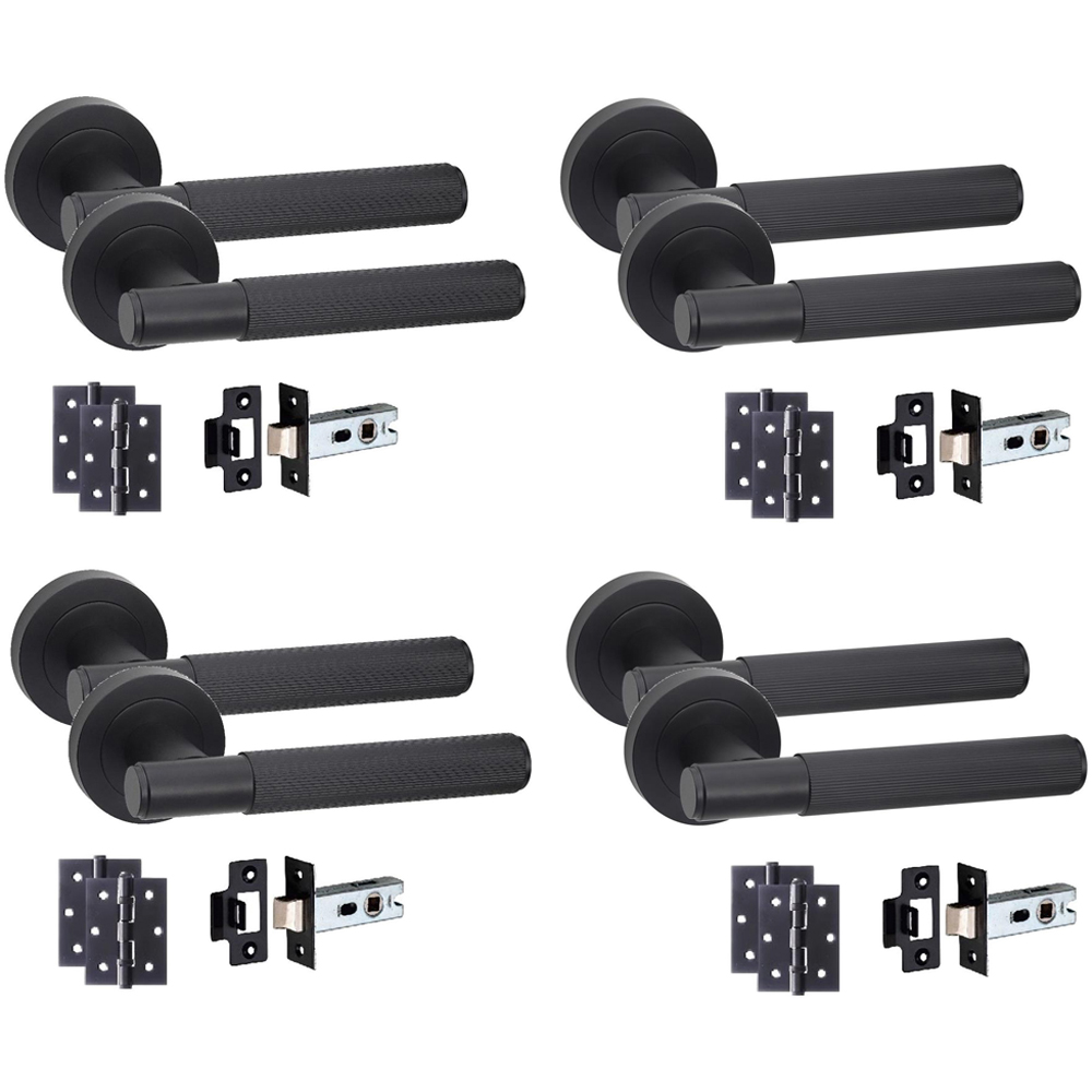Golden Grace Straight T-Bar Linear Matt Black Door Handles and Latch Set 4 Pack Image 1