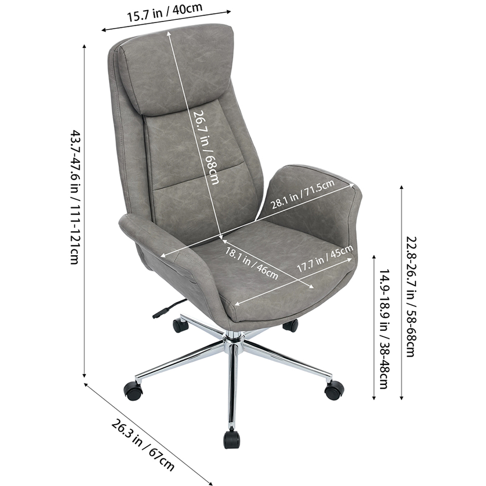 Living and Home Grey PU Leather Height Adjustable High-Back Swivel Office Chair with Headrest Image 8