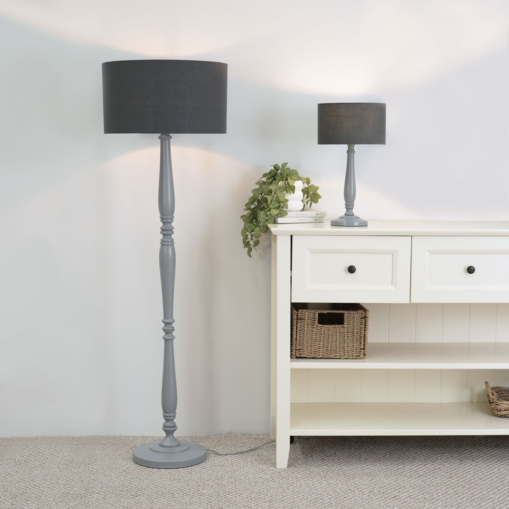 ValueLights Victoria Charcoal Fabric Drum Shade Grey Wood Traditional Stem LED Table Lamp Image 4